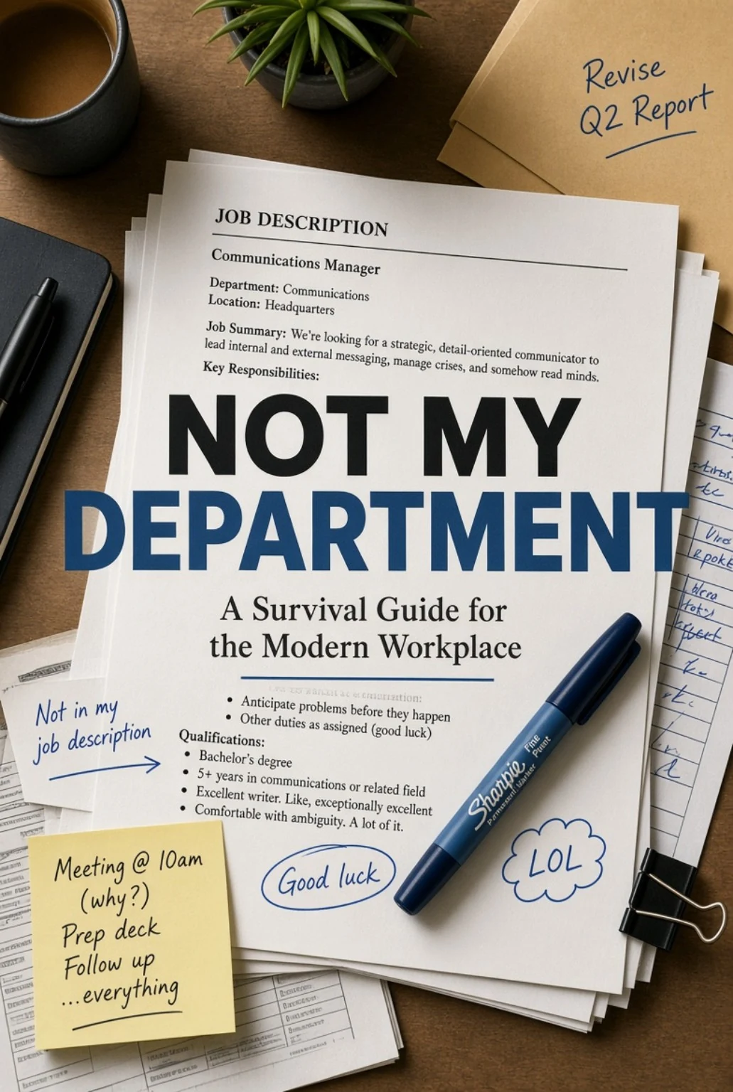 Not My Department promotional artwork featuring an overflowing job description, notes and blue Sharpie